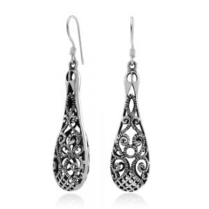 925 Sterling Silver Bali Inspired Open Filigree Long Puffed Teardrop Dangle Hook Earrings
