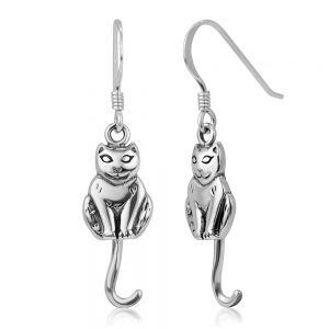925 Oxidized Sterling Silver Long Tail Sitting Cat Kitty Kitten Pet Lover Dangle Hook Earrings 0.8''
