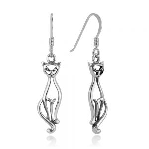 SUVANI 925 Oxidized Sterling Silver Open Elegant Cat Kitty Kitten Pet Lover Dangle Hook Earrings 1.5''