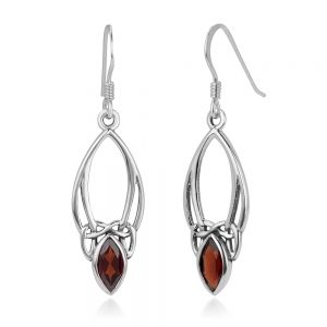 SUVANI 925 Sterling Silver Open Celtic Knot Symbol Red Garnet Gemstone Marquise Dangle Hook Earrings 1.5"