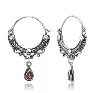 SUVANI 925 Oxidized Sterling Silver Open Filigree Bali Inspired Rope Red Garnet Half Hoop Earrings 1.1"
