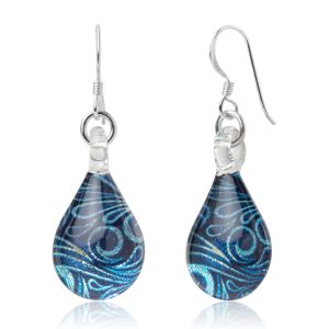 SUVANI 925 Sterling Silver Glass Jewelry Glittery Blue Abstract Art Curve Design Dangle Teardrop Earrings