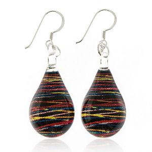 925 Sterling Silver Hand Painted Murano Glass Multi-colored Abstract Speed Light Dangle Earrings
