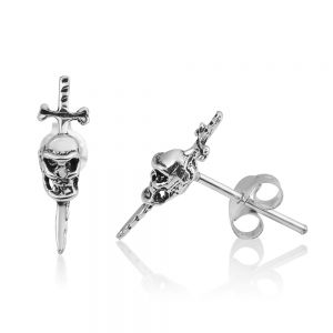 SUVANI 925 Oxidized Sterling Silver Tiny Gothic Skull & Swords Pirate Symbol 15 mm Post Stud Earrings
