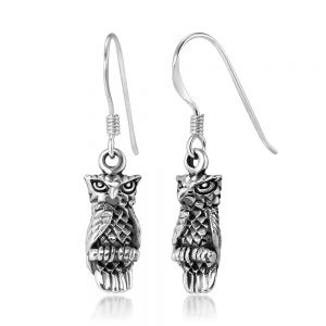 SUVANI 925 Stelring Silver Detailed Vintage Owl Dangle Hook Earrings for Women 1.2"