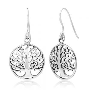 SUVANI 925 Stelring Silver Open Filigree Tree of life Symbol Round Dangle Hook Earrings 1.3"
