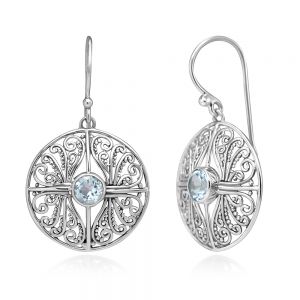 SUVANI 925 Sterling Silver Open Filigree Bali Inspired Gemstones Round Dangle Hook Earrings 1.5"