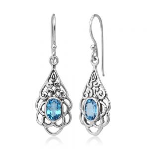 SUVANI Sterling Silver Open Filigree Flower Blue Topaz Gemstone Teardrop Dangle Hook Earrings 1.5"