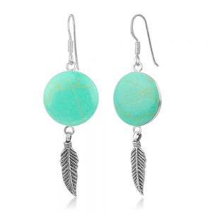 SUVANI 925 Sterling Silver Blue Turquoise Stone Tribal Dreamcatcher Round Dangle Hook Earrings 2"