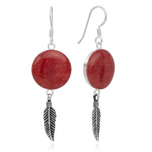 925 Sterling Silver Natural Red Sea Bamboo Coral Tribal Dreamcatcher Round Dangle Hook Earrings 2"