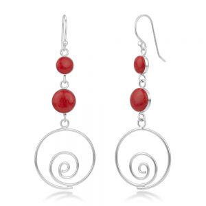 SUVANI 925 Sterling Silver Natural Red Sea Bamboo Coral Inlay Round Long Drop Dangle Earrings 2.3"