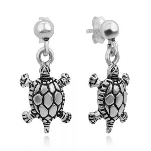 SUVANI 925 Oxidized Sterling Silver Detailed Vintage Turtle Dangle Post Earrings 24 mm