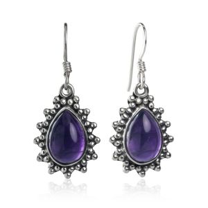 SUVANI 925 Sterling Silver Purple Amethyst Gemstone Pear Shaped Vintage Dangle Hook Earrings 1.4"