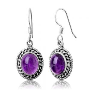 SUVANI 925 Oxidized Sterling Silver Purple Amethyst Gemstone Oval Rope Edge Dangle Hook Earrings 1.3"