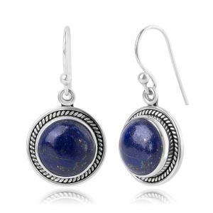 SUVANI 925 Sterling Silver Natural Blue Lapis Lazuri Gemstone Rope Edge Round Dangle Hook Earrings 1.2"
