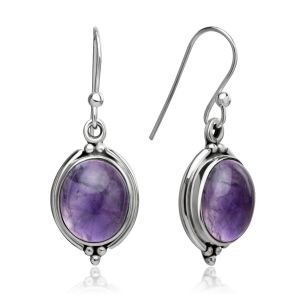 SUVANI 925 Oxidized Sterling Silver Purple Amethyst Gemstone Oval Vintage Dangle Hook Earrings 1.3"