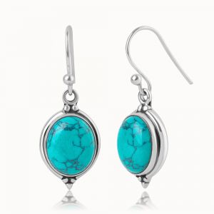 SUVANI 925 Oxidized Sterling Silver Blue Turquoise Gemstone Oval Vintage Dangle Hook Earrings 1.3"