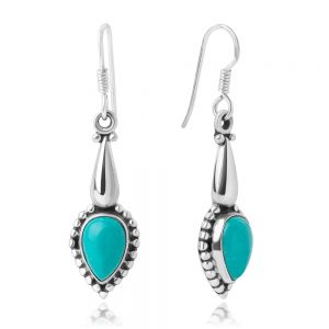 SUVANI 925 Sterling Silver Blue Turquoise Gemstones Teardrop Vintage Design Dangle Hook Earrings 1.6"