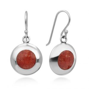 SUVANI 925 Sterling Silver Synthetic Red Coral Classic Inlay Round Dangle Hook Earrings 1"