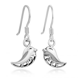SUVANI Sterling Silver Open Filigree Lovely Little Bird Smiling Dangle Hook Earrings 0.9"