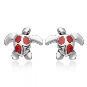 925 Sterling Silver Natural Red Sea Bamboo Coral Inlay Sea Turtle Post Stud Earrings 12 mm