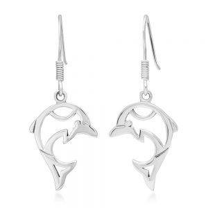 SUVANI 925 Sterling Silver Cut Open Jumping Dolphin Fish Dangle Hook Earrings 0.7"