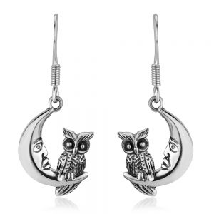 SUVANI Oxidized Sterling Silver Midnight Wisdom Owl On A Crescent Moon Symbol Dangle Hook Earrings 1.3"