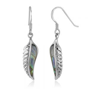 SUVANI 925 Oxidized Sterling Silver Vintage Natural Abalone Feather Dangle Hook Earrings 1.5"