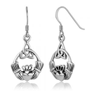 SUVANI Sterling Silver Open Claddagh Friendship and Love Triangle Celtic Knot Dangle Hook Earrings 1.3"