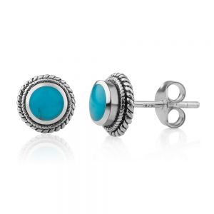 SUVANI Sterling Silver Bali Tiny Simulated Turquoise Rope Edge Round 9 mm Post Stud Earrings