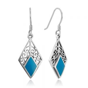 SUVANI 925 Sterling Silver Bali Inspired Blue Stone Filigree Dangle Hook Earrings