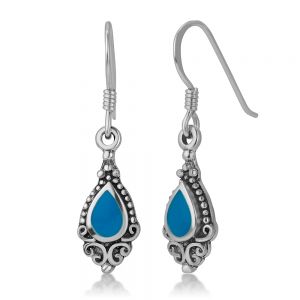 SUVANI 925 Sterling Silver Bali Inspired Vintage Design Blue Stone Filigree Dangle Hook Earrings