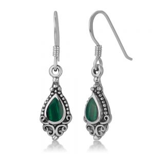 SUVANI 925 Sterling Silver Bali Inspired Gemstone Green Malachite Filigree Dangle Hook Earrings