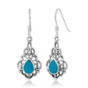 SUVANI 925 Sterling Silver Bali Inspired Vintage Design Natural Blue Stone Filigree Dangle Hook Earrings