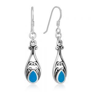 SUVANI 925 Sterling Silver Bali Inspired Vintage Design Natural Blue Stone Filigree Dangle Hook Earrings