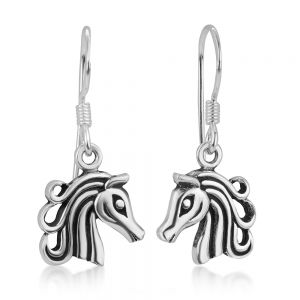 SUVANI Oxidized Sterling Silver Open Filigree Detailed Horse Head Dangle Earrings 1.3"