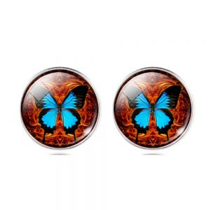 Butterfly Orange Glass Cabochon Art Vintage Picture Round 13 mm Post Stud Earrings