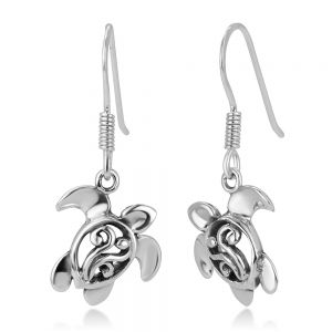 SUVANI Oxidized Sterling Silver Open Filigree Dangling Sea Turtle Dangle Earrings 1.1"
