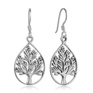 SUVANI Oxidized Sterling Silver Open Filigree Tree of life Teardrop Shaped Dangle Hook Earrings 1.4"
