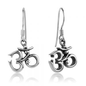 SUVANI Oxidized Sterling Silver Vintage Yoga Aum Om Ohm Sanskrit Symbol Dangle Hook Earrings 1 Inch