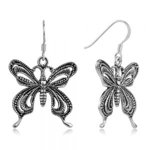 SUVANI 925 Oxidized Sterling Silver Filigree Big Butterfly Vintage Dangle Hook Earrings 1.5 inches