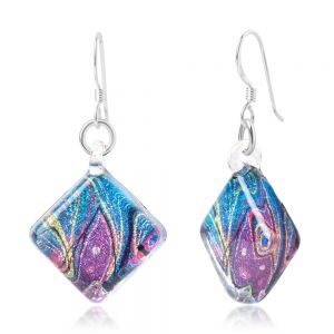 SUVANI Sterling Silver Glass Jewelry Multi-colored Pastel Peacock Feather Art Square Dangle Earrings