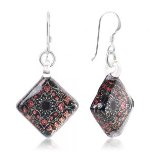 SUVANI Sterling Silver Glass Jewelry Black Pink Flower Mandala Design Dangle Square Earrings