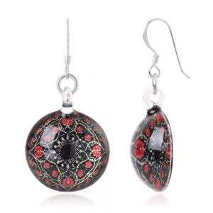 SUVANI Sterling Silver Glass Jewelry Black Pink Flower Mandala Design Dangle Round Earrings