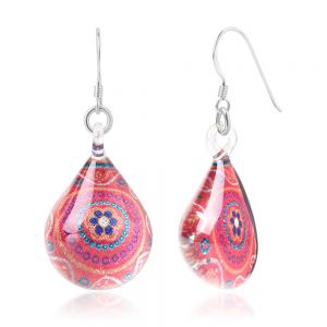 SUVANI Sterling Silver Glass Jewelry Pink Orange Abstract Art Flower Mandala Dangle Teardrop Earrings