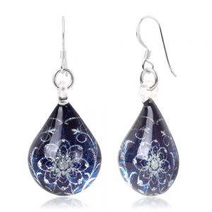 SUVANI Sterling Silver Glass Jewelry Deep Blue Midnight Blossom Flower Dangle Teardrop Earrings