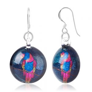SUVANI Sterling Silver Hand Blown Glass Pink Blue Macaw Parrot Bird Round Dangle Earrings for Women