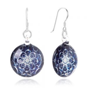 SUVANI 925 Sterling Silver Glass Jewelry Deep Blue Midnight Blossom Flower Dangle Round Earrings