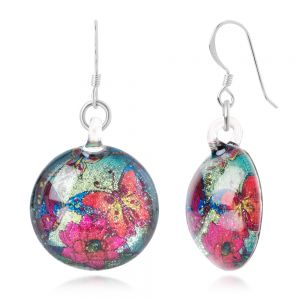 SUVANI Sterling Silver Hand Blown Glass Colorful Butterflies & Flowers Retro Round Dangle Earrings 