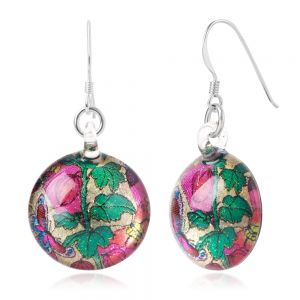 SUVANI Sterling Silver Hand Blown Glass Colorful Butterflies & Roses Retro Round Dangle Earrings 